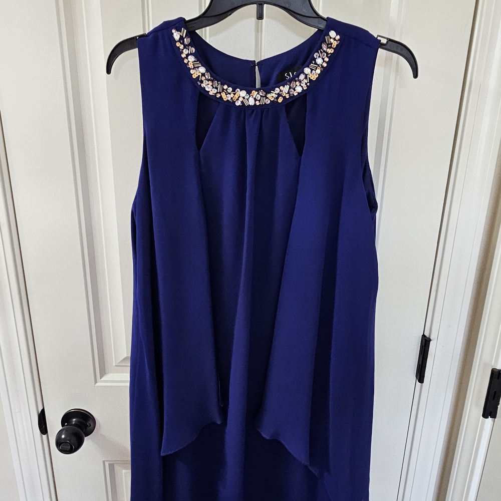 SL Fashions Navy Sleeveless Dress with Embellished Neckline. Only Worn Once
